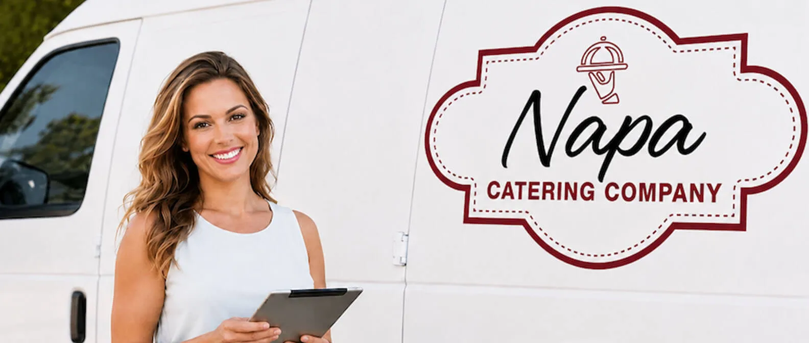 Napa Catering Company — catering coordinator checking the order sheet at the branded delivery van ahead of a wine country drop-off in Napa, Yountville, and St. Helena Napa Catering Company event coordinator holding a clipboard beside the branded white catering van before a drop-off catering delivery in Napa, CA
