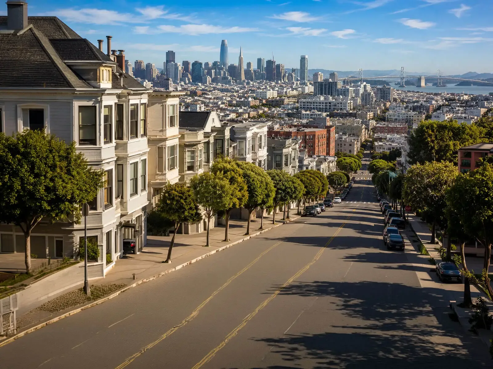 SF Catering Company — full-service catering from Potrero Hill to downtown San Francisco, with on-site staff, setup, chef-attended service and cleanup in San Francisco, Daly City, Brisbane and South San Francisco View from Potrero Hill down a tree-lined San Francisco street toward the downtown skyline, Salesforce Tower and the Bay Bridge — the city SF Catering Company serves with full-service wedding and corporate catering