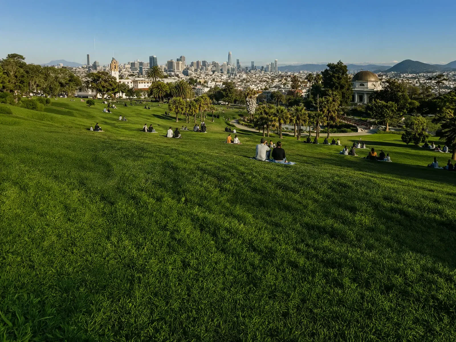 Winslow's Catering San Francisco — full-service catering for weddings, company dinners and park-side celebrations near Dolores Park, with on-site staff, setup, chef-attended service and cleanup in San Francisco, Daly City, Brisbane, Colma and South San Francisco Sunny afternoon on the sloping green lawn of Dolores Park in San Francisco, with picnickers, palm trees and the downtown skyline beyond — the city served by Winslow's Catering San Francisco