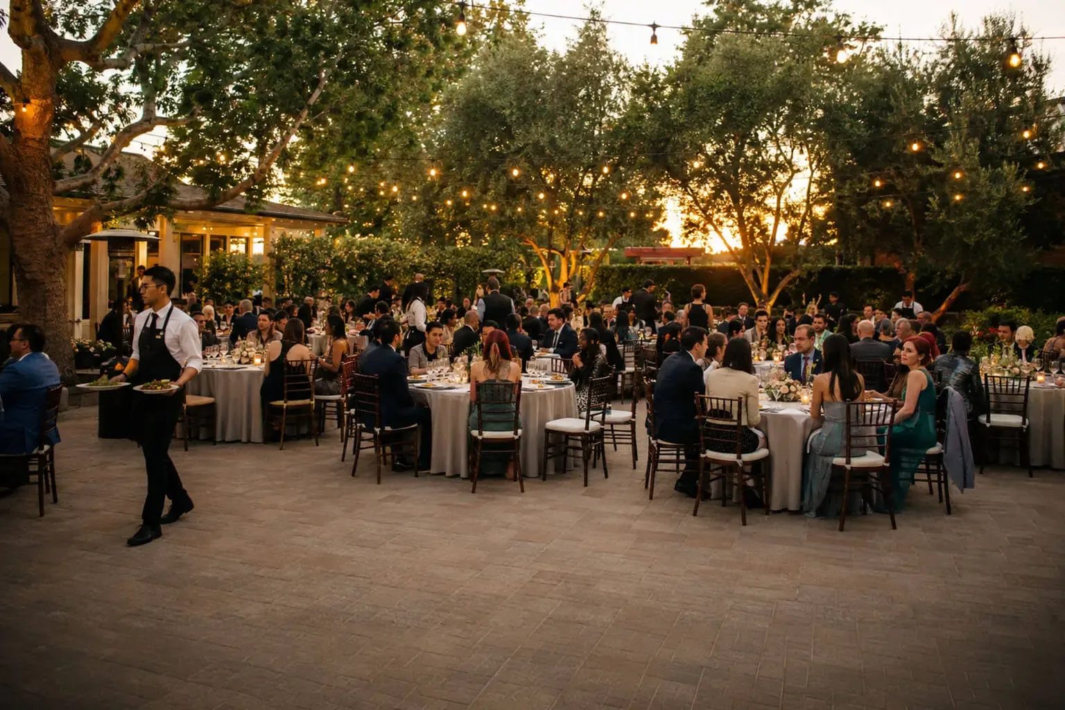 Wedding catering in Mountain View, CA by Winslow's Catering Mountain View — sunset garden courtyard reception with plated and buffet service, uniformed staff, rentals, floral tablescapes, cake service and bar service for weddings in Mountain View, Los Altos, Palo Alto, Sunnyvale, Cupertino and Santa Clara Sunset garden courtyard wedding reception in Mountain View, CA — guests seated at round taupe-linen tables with ivory rose centerpieces and votive candles on a paver terrace while a uniformed catering attendant carries plated courses, beneath sycamore and olive trees strung with cafe lights