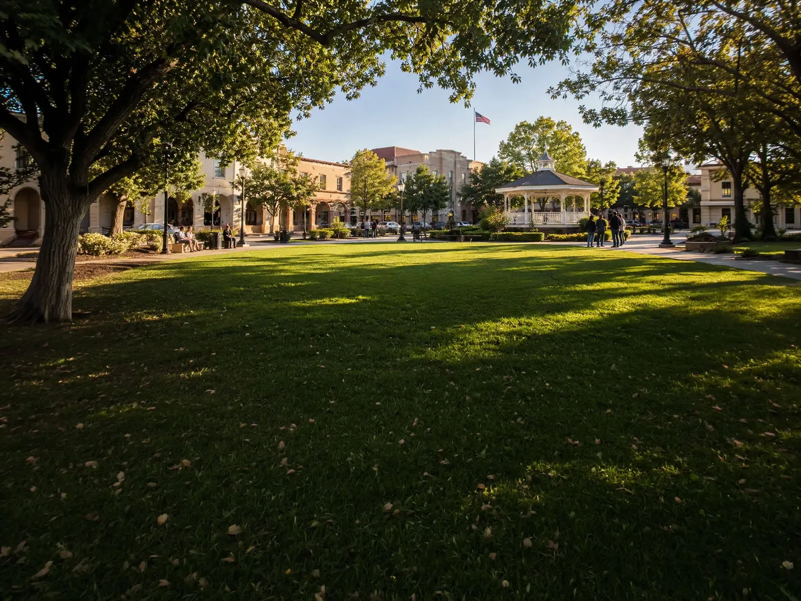 Winslow's Catering Concord — full-service catering for events near Todos Santos Plaza and throughout Contra Costa County, with on-site staff, setup, chef-attended service and cleanup in Concord, Walnut Creek, Pleasant Hill, Martinez, Clayton and Pittsburg Shaded lawn, white Victorian gazebo and historic storefronts at Todos Santos Plaza in downtown Concord, California — the Contra Costa area served by Winslow's Catering Concord