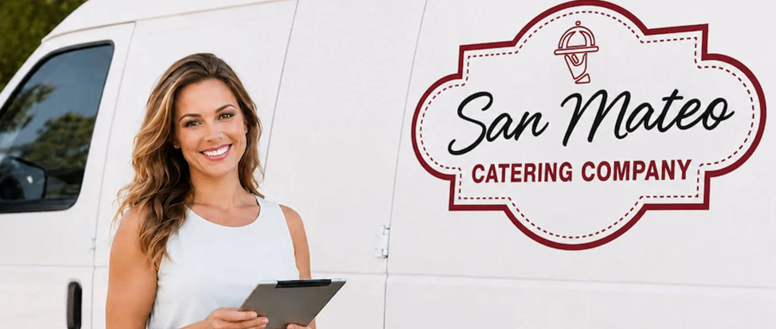 San Mateo Catering Company — catering coordinator reviewing the order at the branded delivery van ahead of a Peninsula drop-off in San Mateo, Burlingame, Millbrae, and Foster City San Mateo Catering Company event coordinator holding a tablet beside the branded white San Mateo Catering Company van before a drop-off catering delivery in San Mateo, CA