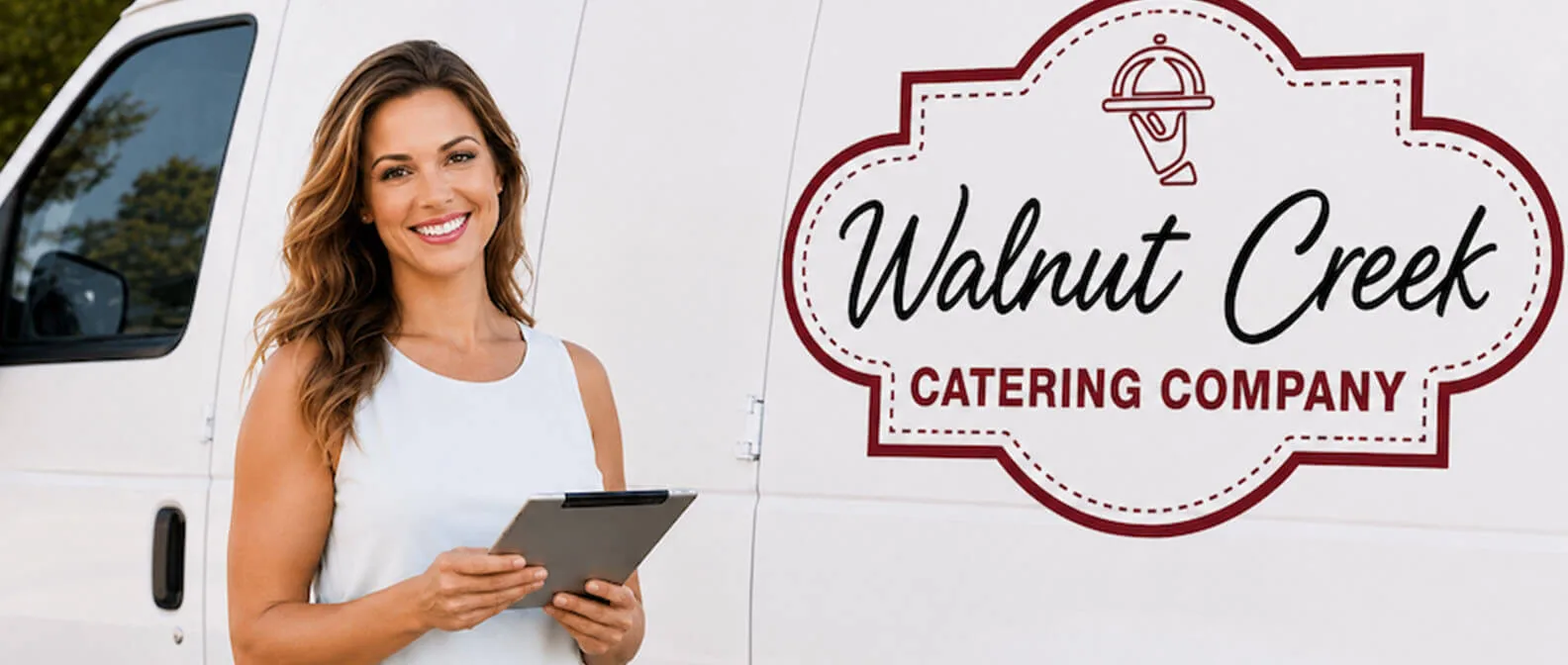 Walnut Creek Catering Company — catering coordinator reviewing the order at the branded delivery van ahead of an East Bay drop-off in Walnut Creek, Lafayette, Danville, and Pleasant Hill Walnut Creek Catering Company event coordinator holding a tablet beside the branded white catering van before a drop-off catering delivery in Walnut Creek, CA