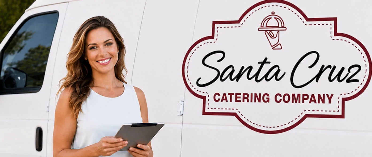 Santa Cruz Catering Company — coordinator checking the order sheet at the branded catering van ahead of a Central Coast drop-off in Santa Cruz, Capitola, Aptos, Scotts Valley, and Watsonville Santa Cruz Catering Company event coordinator holding a tablet beside the branded white Santa Cruz Catering Company delivery van before a drop-off catering order in Santa Cruz, CA