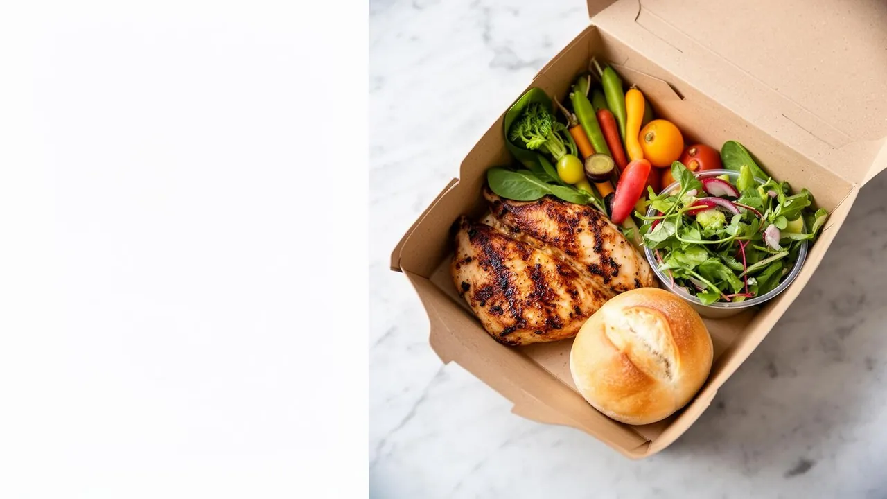 Beautifully packed catering boxed meals with grilled chicken, vegetables, and salad in Tracy