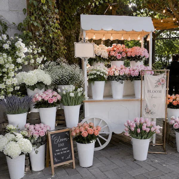 Custom bloom bar with a white wooden flower cart, 'Bloom Bar' chalkboard sign, and buckets of peach and pink roses, white hydrangea, tulips, baby's breath, and lavender
