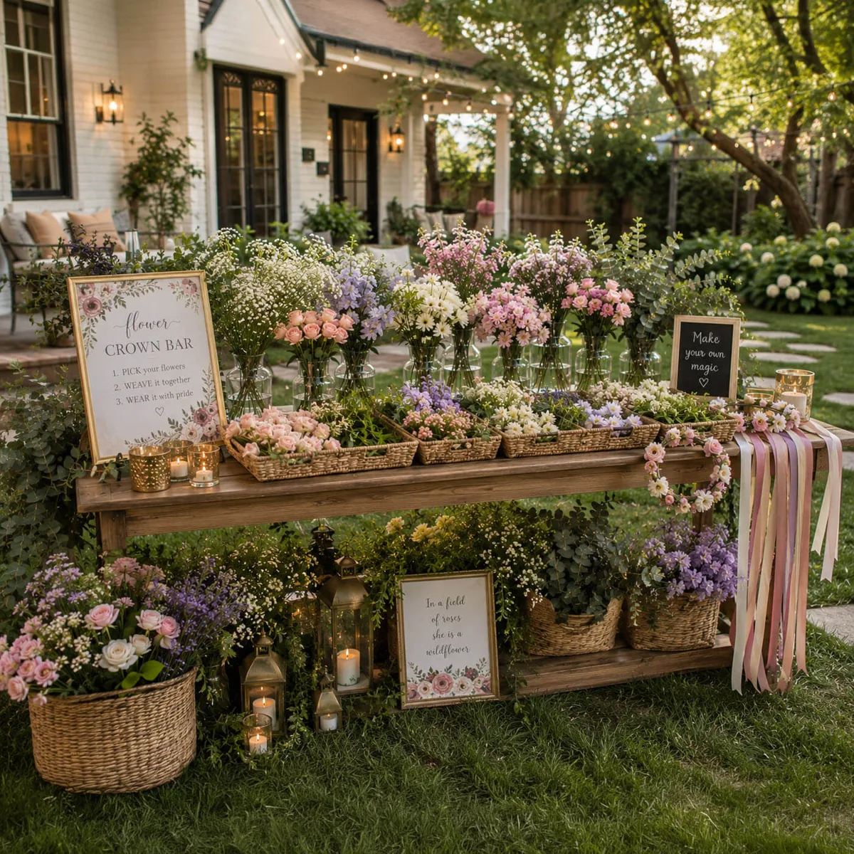Outdoor flower crown bar with a rustic wooden table styled with bud vases of garden roses, daisies, baby's breath and lavender, woven baskets of loose blooms, trailing pastel ribbons, gold candle lanterns, and a 'Flower Crown Bar' sign reading pick your flowers, weave it together, wear it with pride
