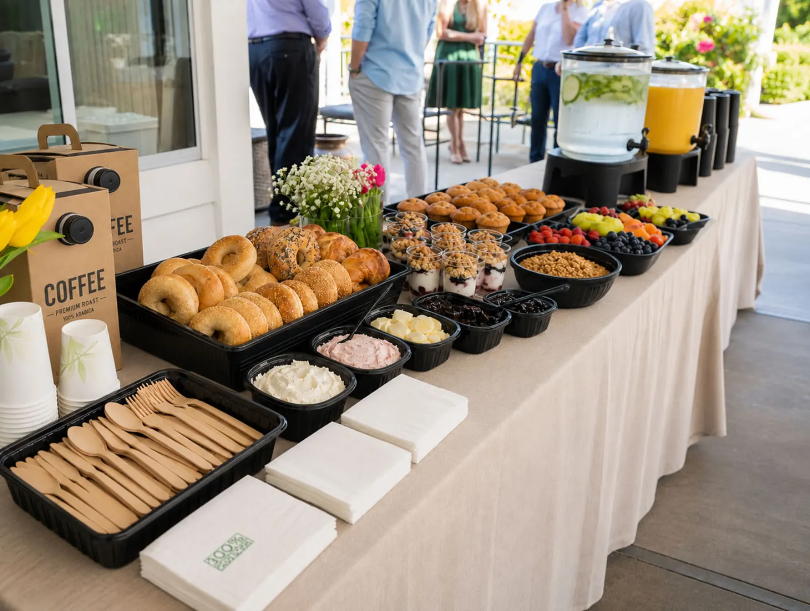 Drop-Off Continental Breakfast by Tracy Catering Company Drop-off continental breakfast display with bagels, muffins, yogurt parfaits with granola, fresh fruit and berries, coffee, iced water, and orange juice on a linen-draped outdoor buffet by Tracy Catering Company