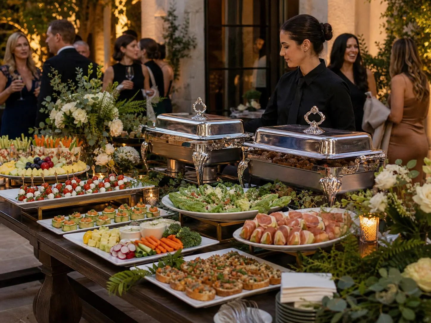 Attended appetizer station framed by fresh florals with silver chafers and passed bites at an outdoor reception — floral appetizer styling for Tracy and Brentwood events