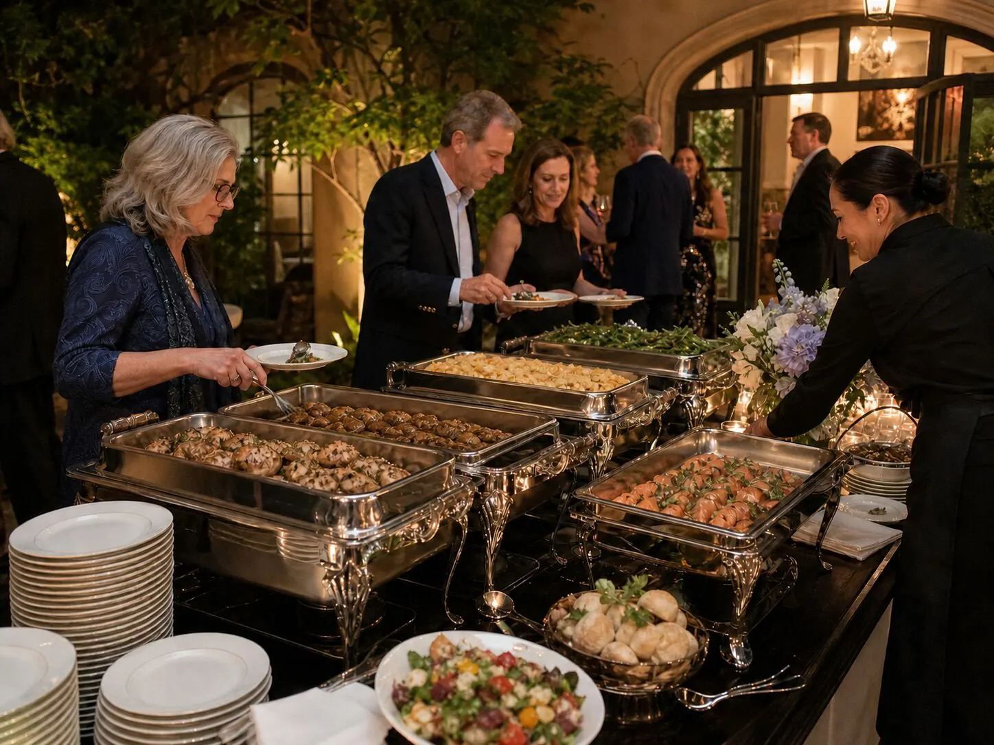 Candlelit courtyard dinner buffet with attendants tending polished silver chafing dishes at dusk — full service dinner catering in Tracy and Brentwood