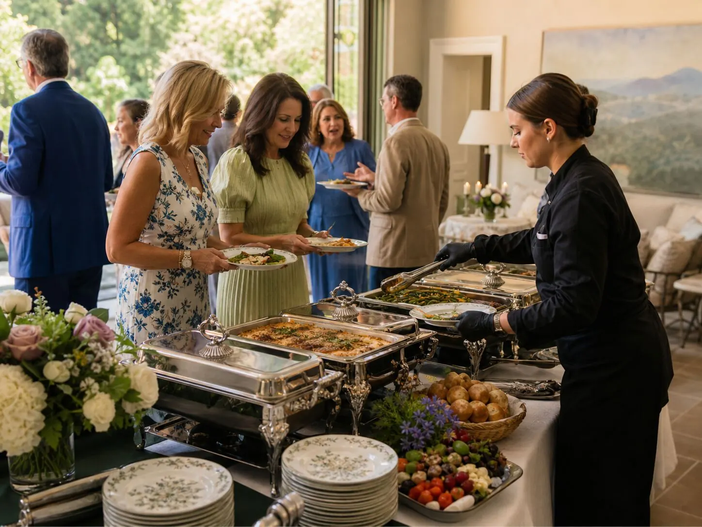 Attendant plating guests from elegant silver chafing dishes at a sunlit estate lunch buffet — full service catering for Tracy and Manteca celebrations