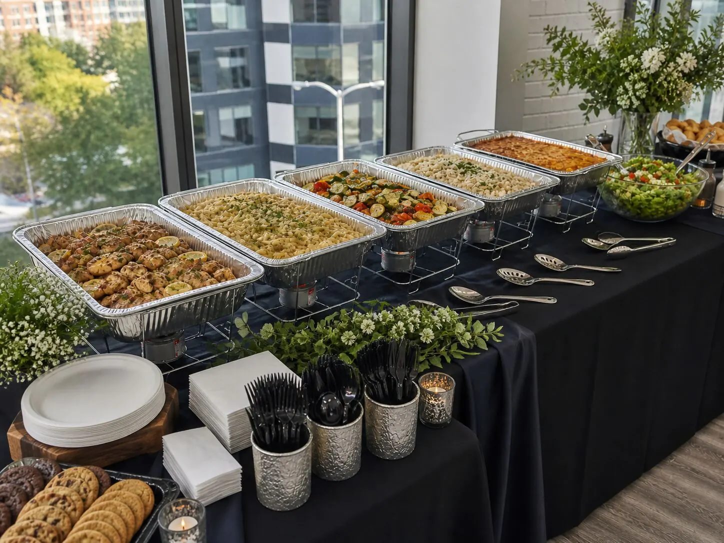 Hot lunch buffet delivered in chafing dishes with baked pasta, roasted vegetables, herbed potatoes, garden salad and dessert trays — drop-off Stockton catering and Tracy office lunches