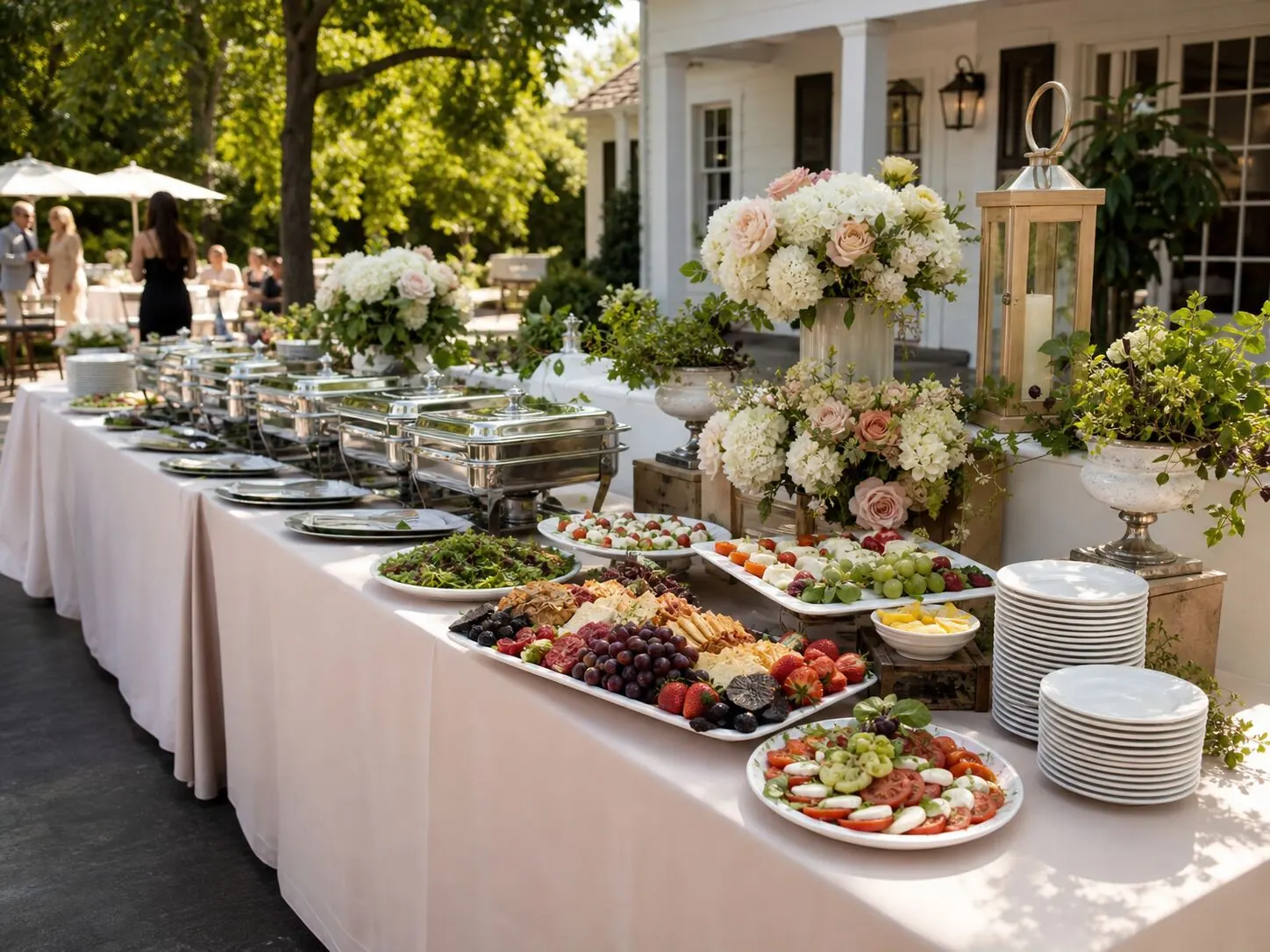 Outdoor dinner buffet finished with fresh floral arrangements beside silver chafers, charcuterie and fruit — full service Tracy catering with florals