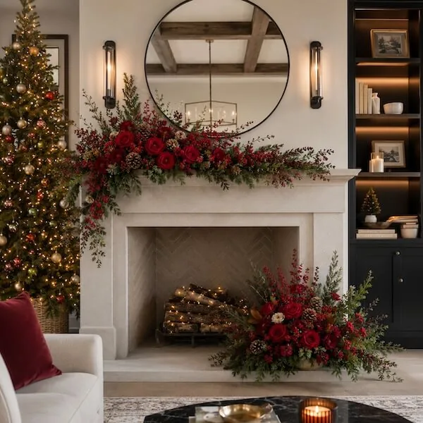 Large holiday mantle floral installation with red roses, evergreen, pinecones, and berries cascading across a stone fireplace mantle beside a lit Christmas tree