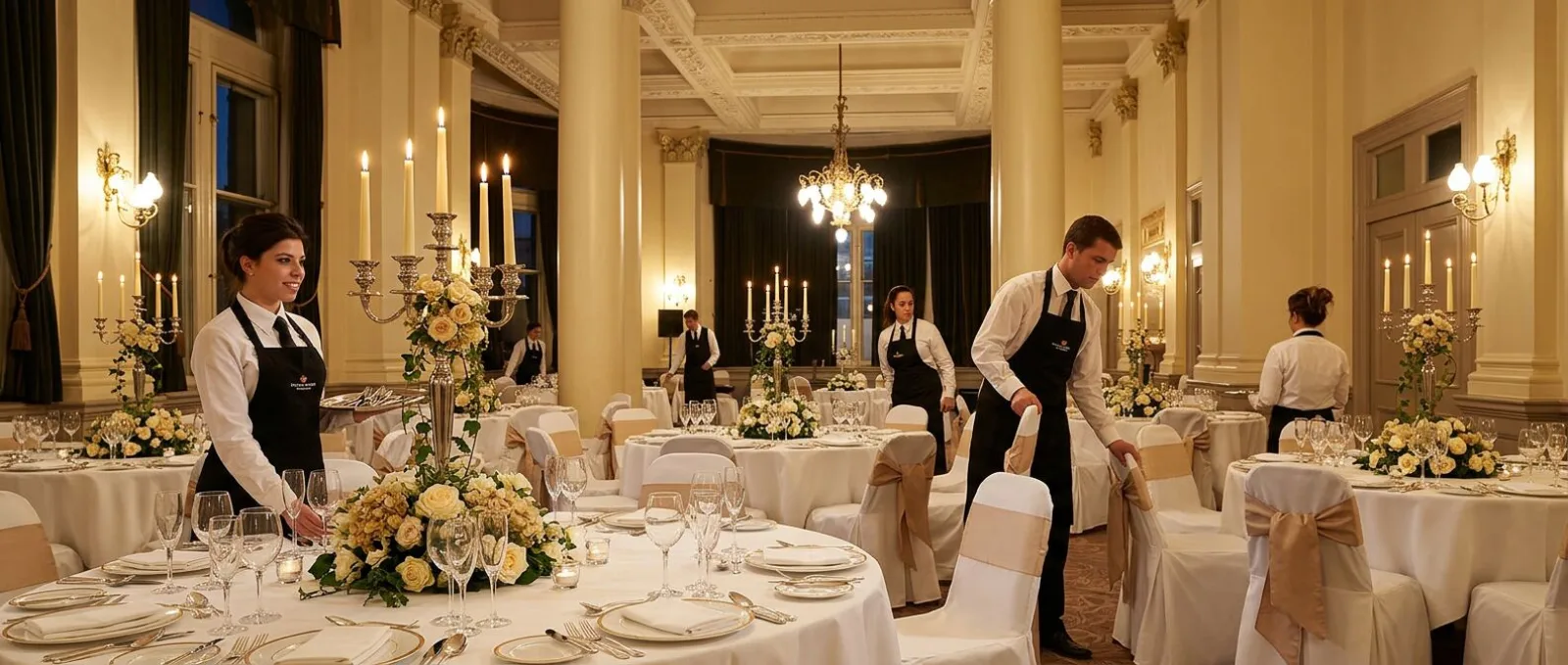 Catering staff setting an elegant ballroom with tables and linens for an event