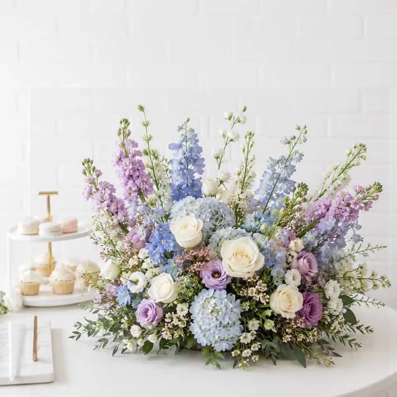 Tabletop meadow arrangement with blue hydrangea, lavender stock, white roses, and delphinium beside dessert display